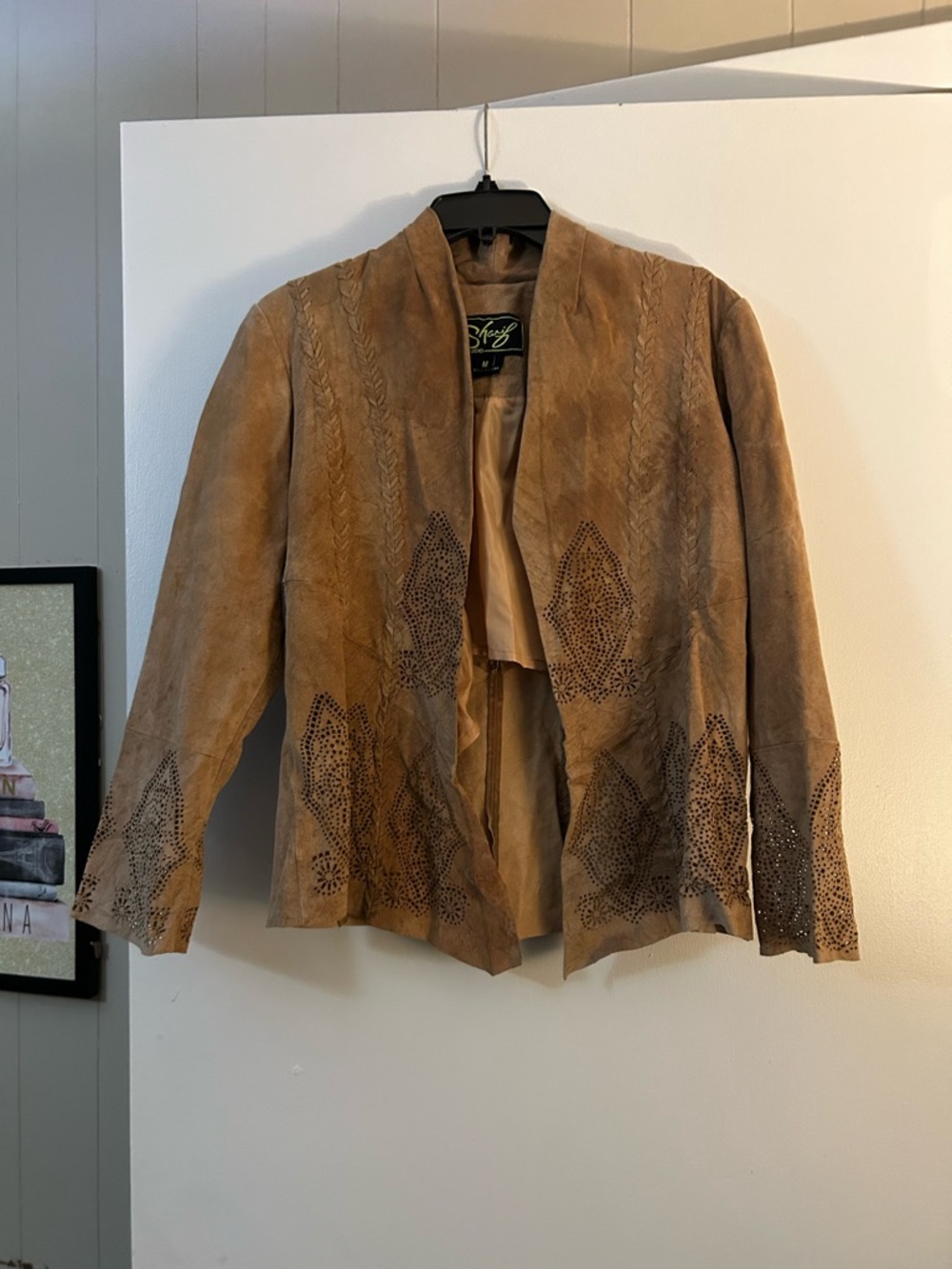 Studio Tan Suede Open-Front Jacket with Laser-Cut Detail